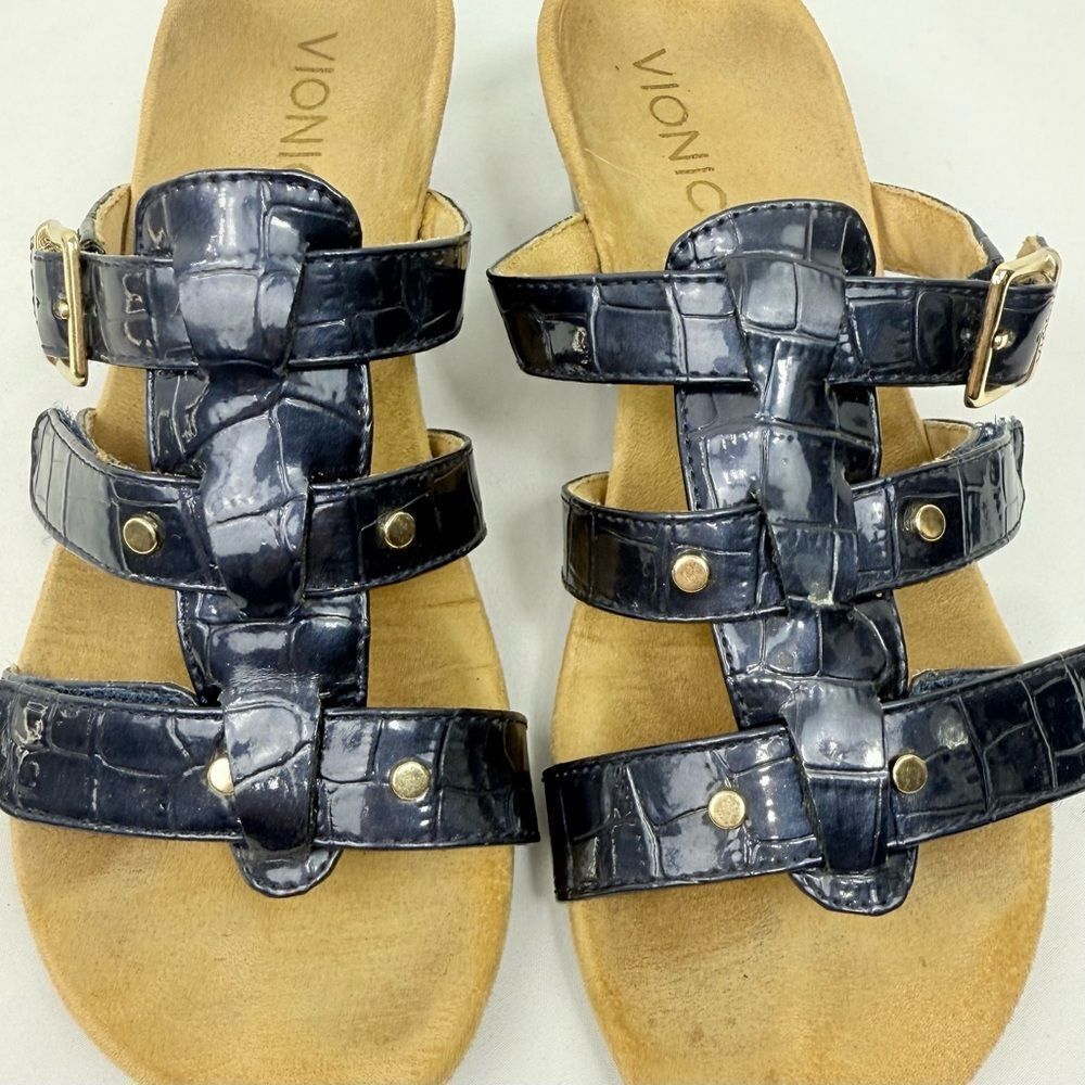 Vionic RADIA Blue Patent Reptile Embossed Triple T Strap Slide Wedge Sandals - Picture 6 of 14